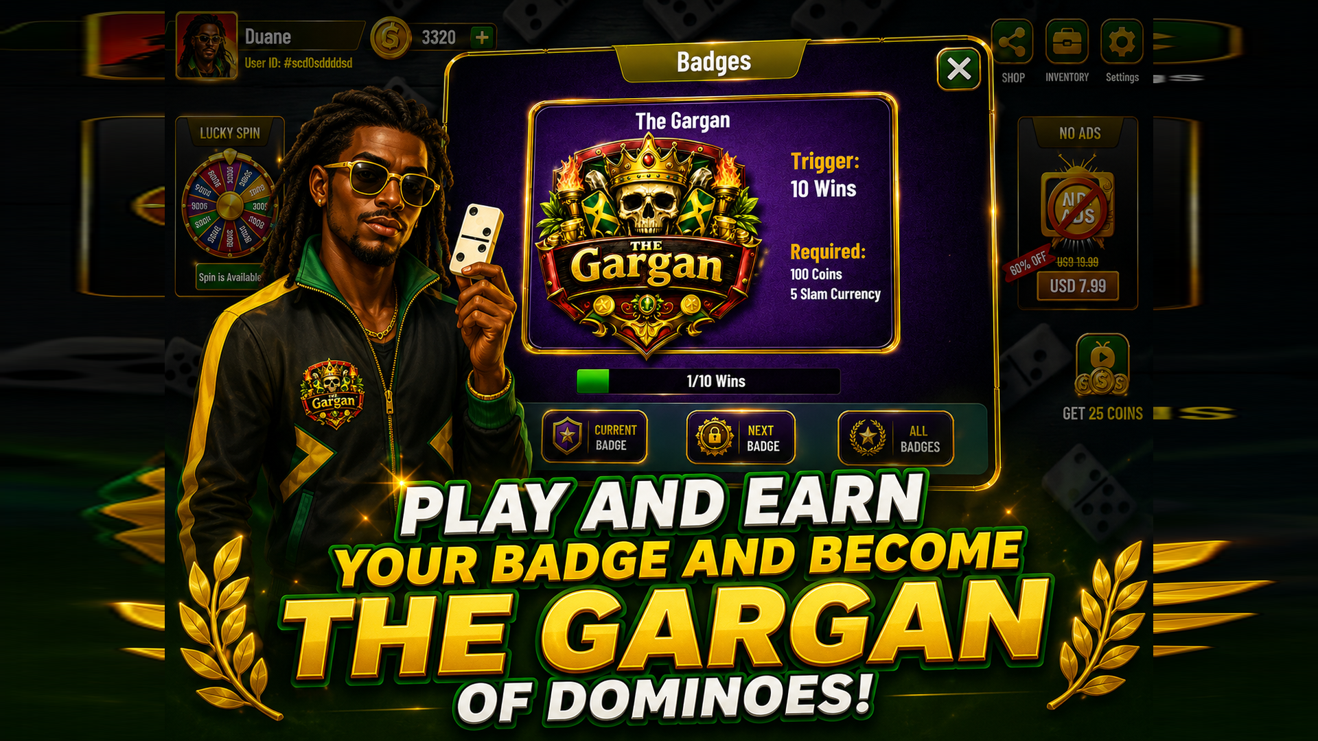 Domino Gwaan Bad character holding a domino beside The Gargan badge
