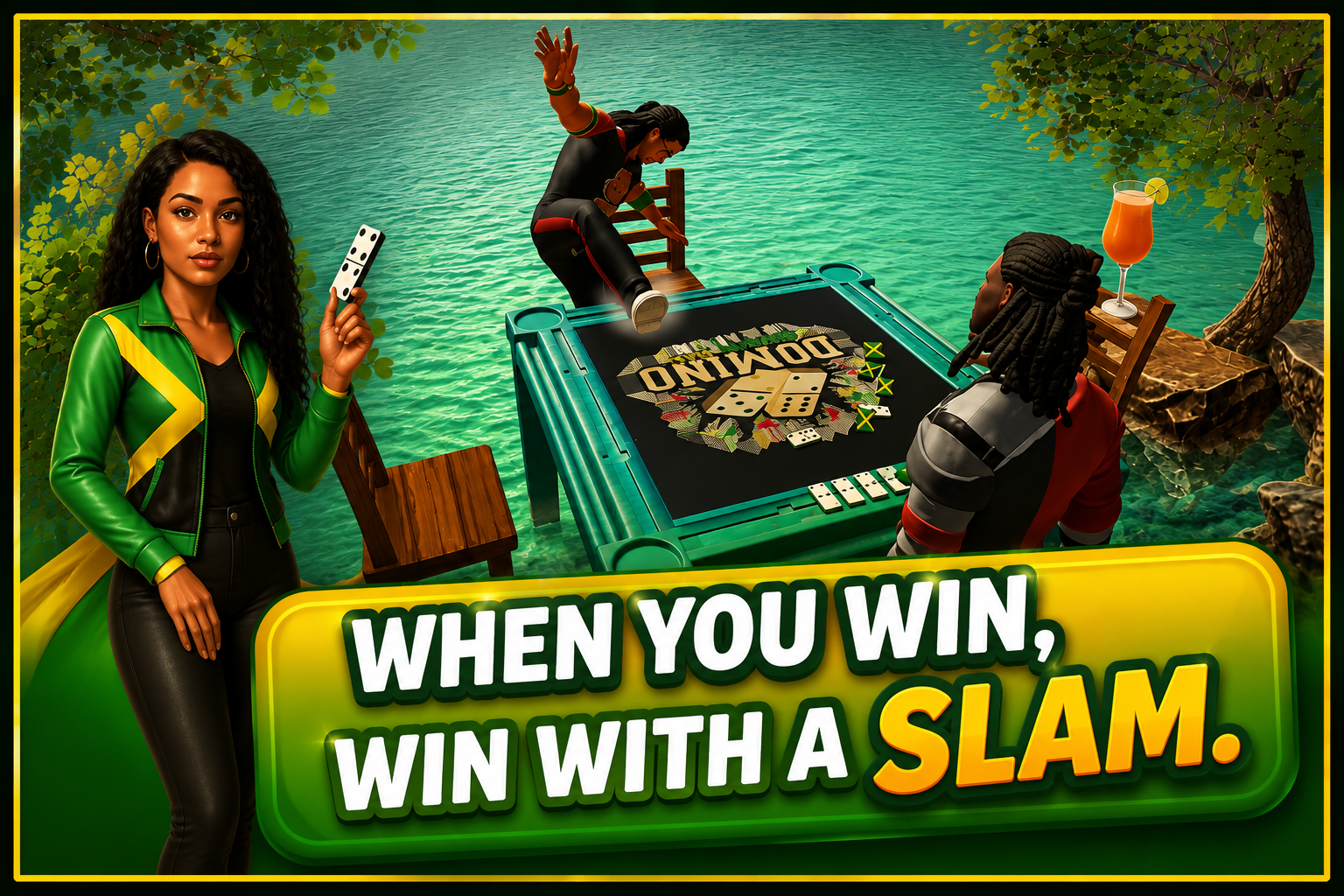Players at a tropical waterside domino table celebrating a slam