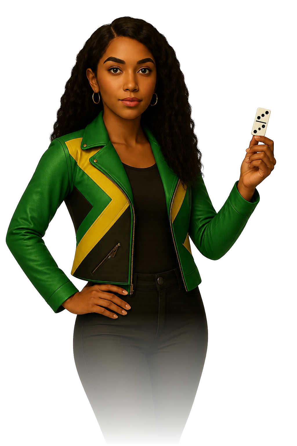 Domino Gwaan Bad player holding a domino tile in a Jamaica-flag jacket