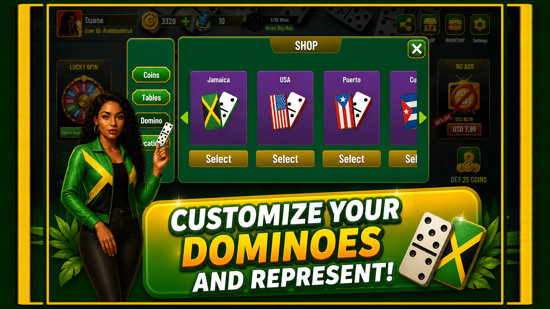 In-game shop showing Jamaica, USA, Puerto Rico and Cuba domino tile sets