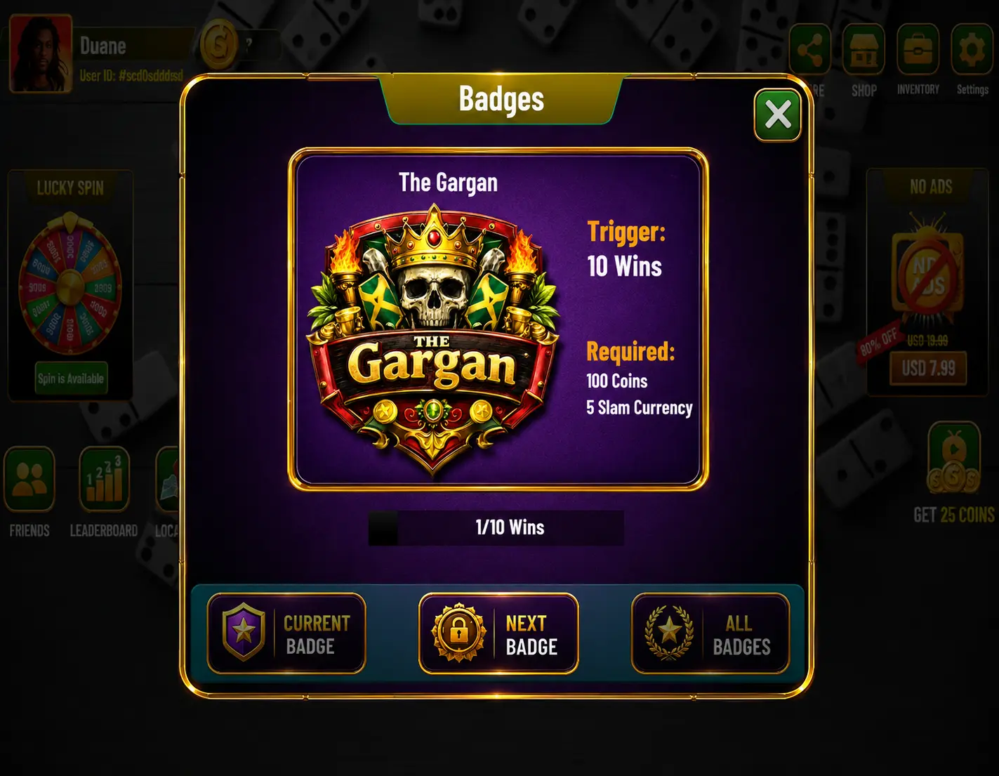 Domino Gwaan Bad in-game badges screen