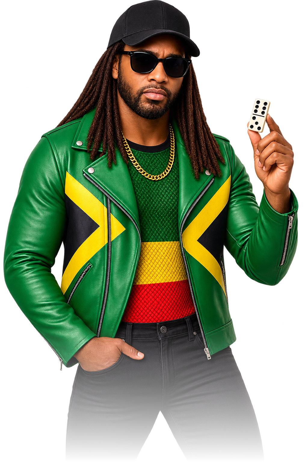 Domino Gwaan Bad player in a Jamaica-colours jacket holding a domino tile