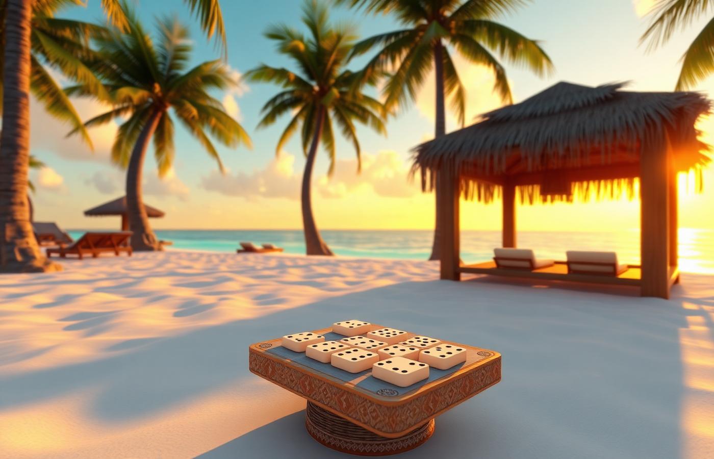 Domino table on a Caribbean beach at sunset