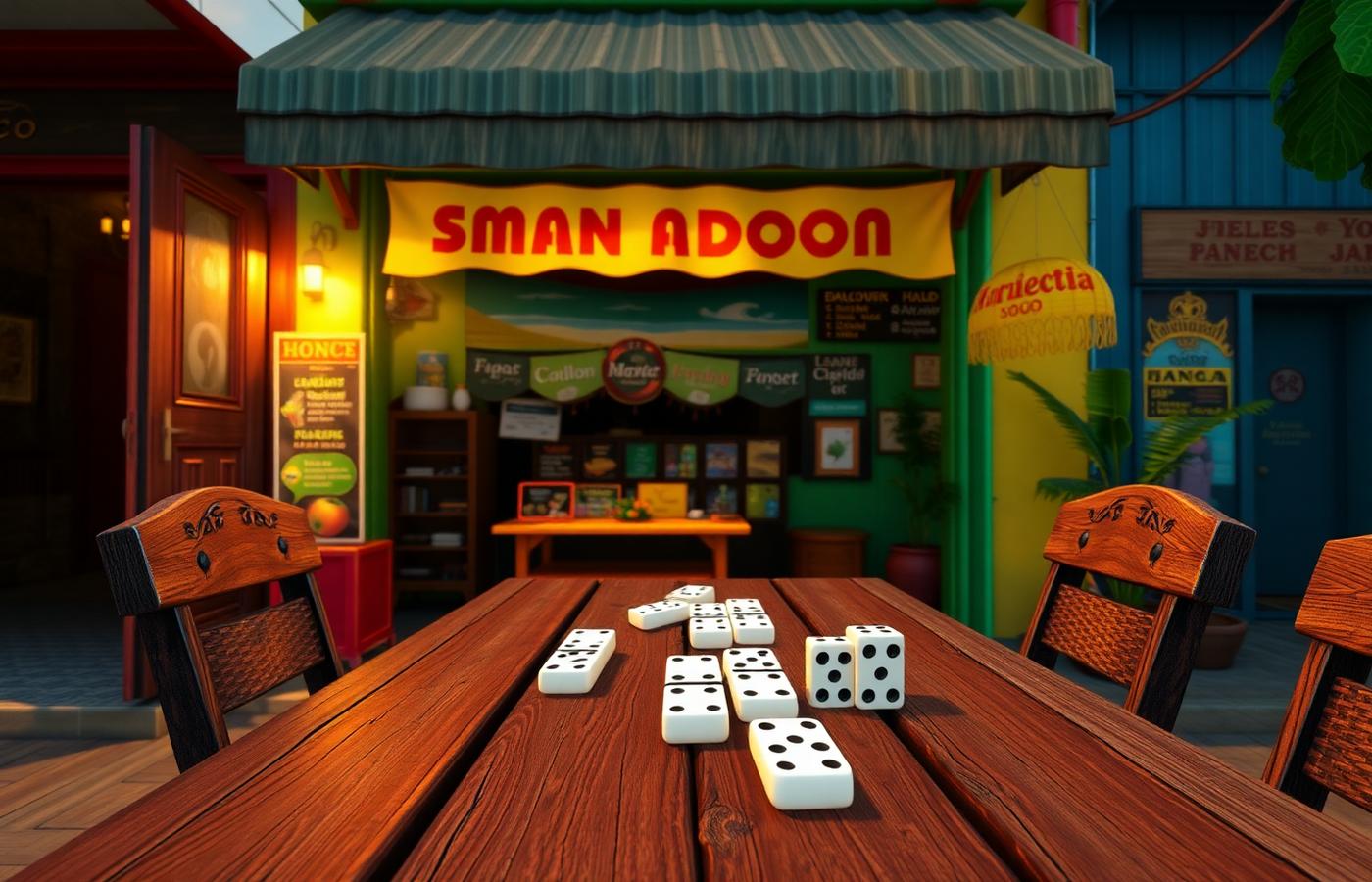 Domino game played on a table outside a colorful Jamaican storefront